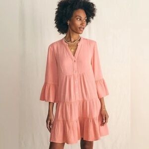 Faherty Dream Cotton Gauze Kasey Dress Coral Rose Size Small Tiered Bell Sleeve